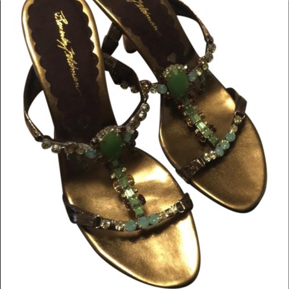 Gold heels bronze straps with stones white-pink.